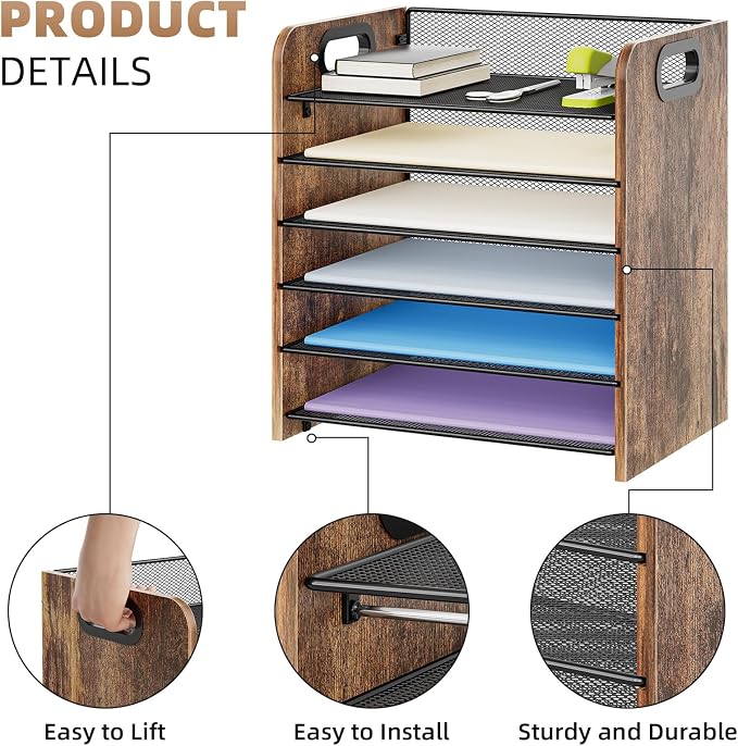 Marbrasse 6 Tier Paper Organizer Letter Tray - Wooden Desk File Organizer with Handle, Paper Sorter Organizer for Letter/A4 Office File Folder Holder - Image 2