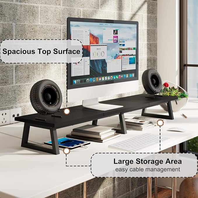TEAMIX 42 inch Large Dual Monitor Riser, Desk Organizer Stand for TV Laptop | Extra Long Computer Stand Shelf, Wood & Steel TV Riser, Holds 300lbs, Keyboard & PS5 Storage Below, For Home Office & Gaming - Image 3