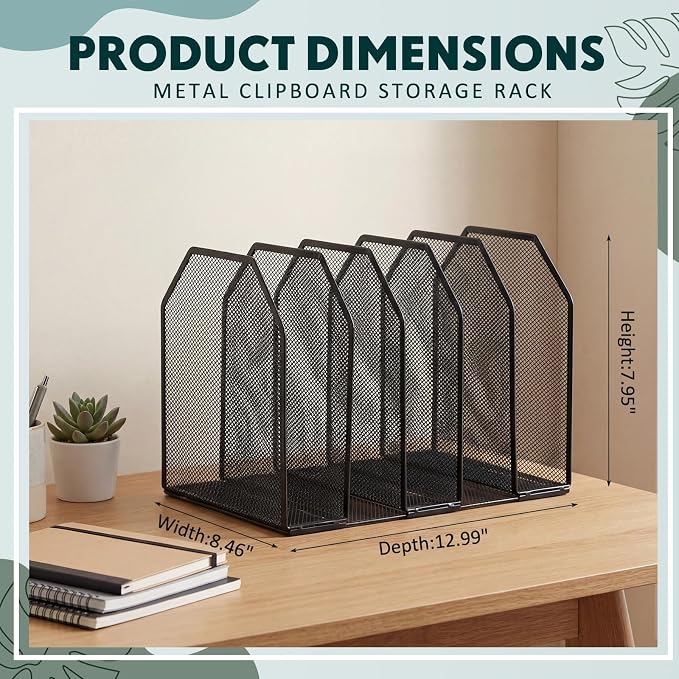 Sliner 1 Pcs Metal Clipboard Holder, 7 Slot Vertical File Organizer,Black | Classroom Clipboard Holder, Mesh Desk File Storage Rack, Desktop Wire Document Sorter for School Teacher Home Office Supplies - Image 2