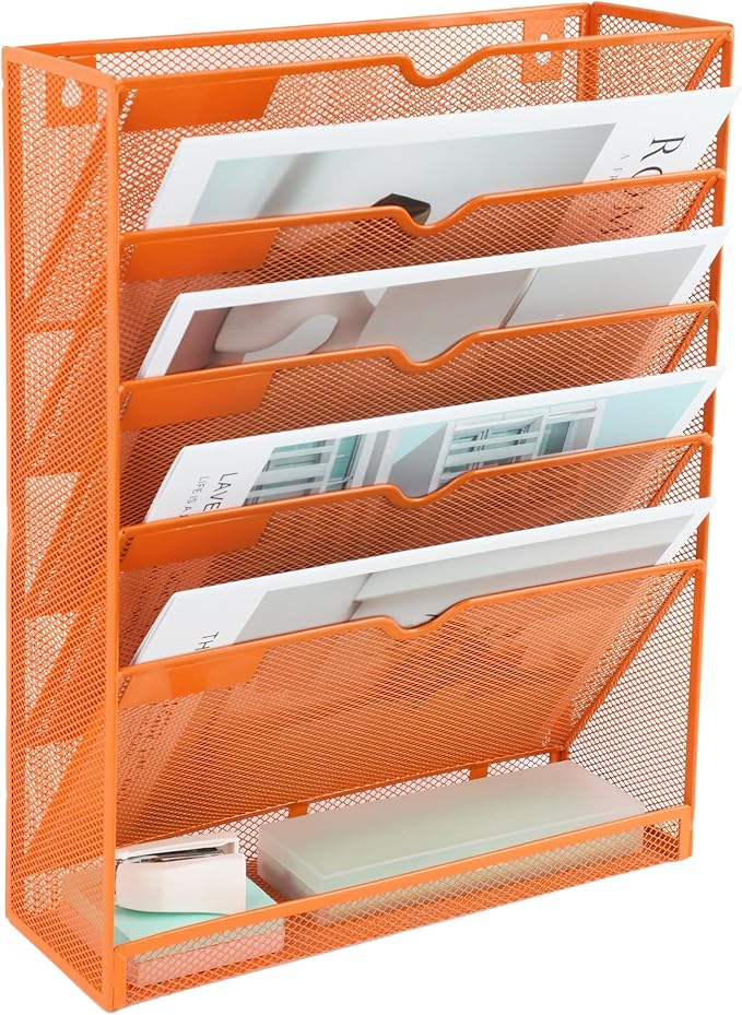 6 Tier Mesh Hanging Wall File Organizer, Desk Vertical Mail Paper Document Folder Holder Rack with Bottom Tray and Nametag Label for Office Home School, Orange - Image 8