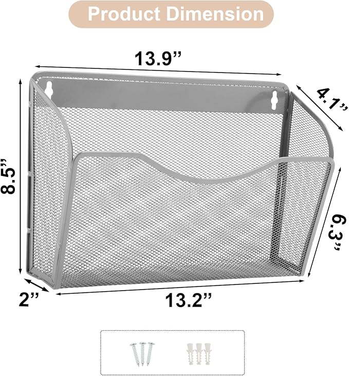 3 Single Pocket Mesh Hanging File Organizer, Vertical Wall Mounted Magazine File Holder, Mount Basket Mail Paper Document Folder Organizing for Office, Home and School, Gray - Image 5