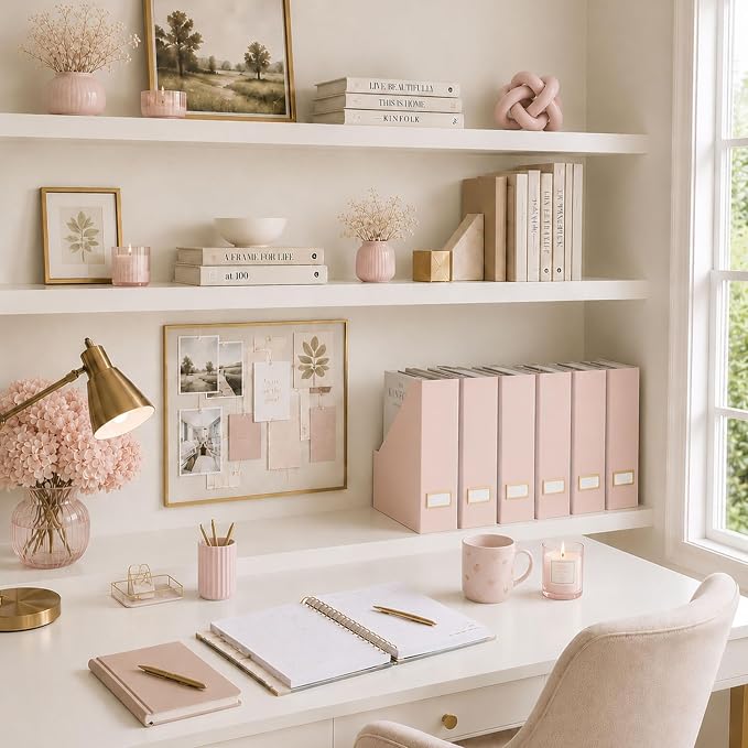 BLU MONACO | Cardboard Magazine File Holder Set of 6 Pink | Vertical Magazine File Holder with Gold Label Slots | Standing File Holder and Cardboard Bins for Shelves Desk Storage - Image 2