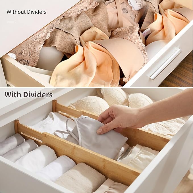 Utoplike 4 Pcs Bamboo Kitchen Drawer Dividers, Large Drawers Organizers | Adjustable Spring Loaded Expandable Organization, Works in Dresser, Bathroom, Bedroom, Office, Fit 17.8"-20.6" Drawer, 2.4"H - Image 5
