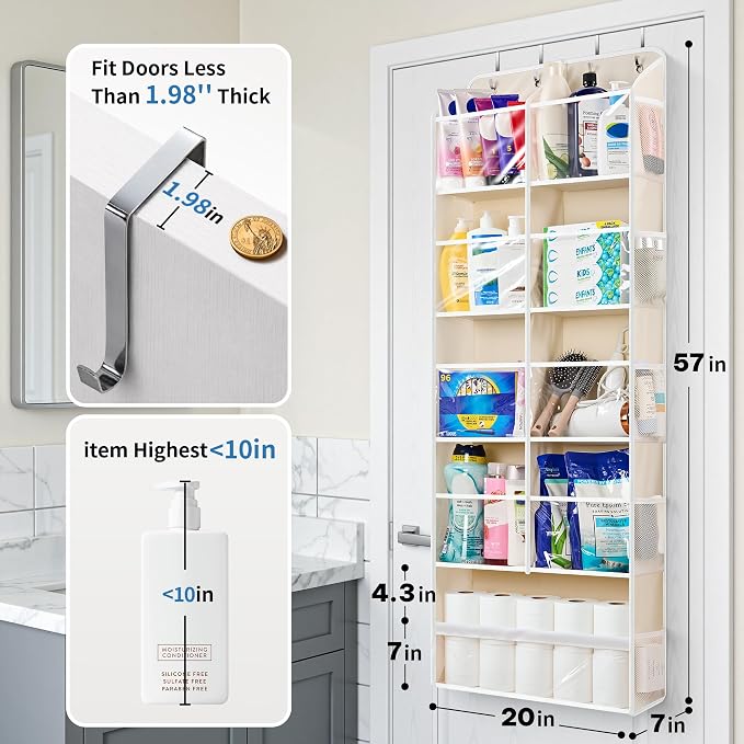 JARLINK Over the Door Organizer, Extra Large Storage for Bedroom, Beige | Anti-Tilt 100 lb Load Capacity, Hanging Door Organizer with 5 10 Mesh Pockets, Behind Door Storage for Bathroom, Nursery - Image 2