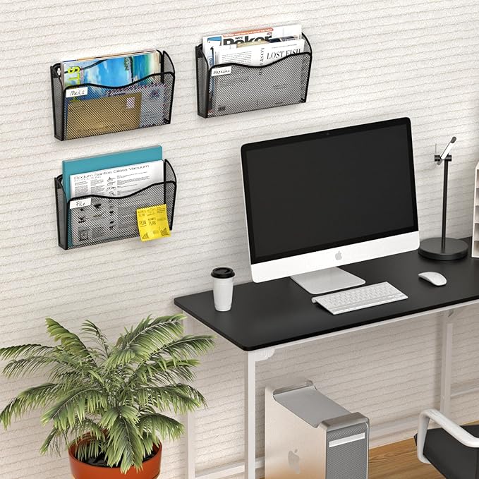 BOHDK Wall File Organizer, 1Single Pockets Mesh Hanging File Organizer, Mount Document Magazine Rack with Labels, Hanging File Folders for Office, Home and School, Black - Image 6
