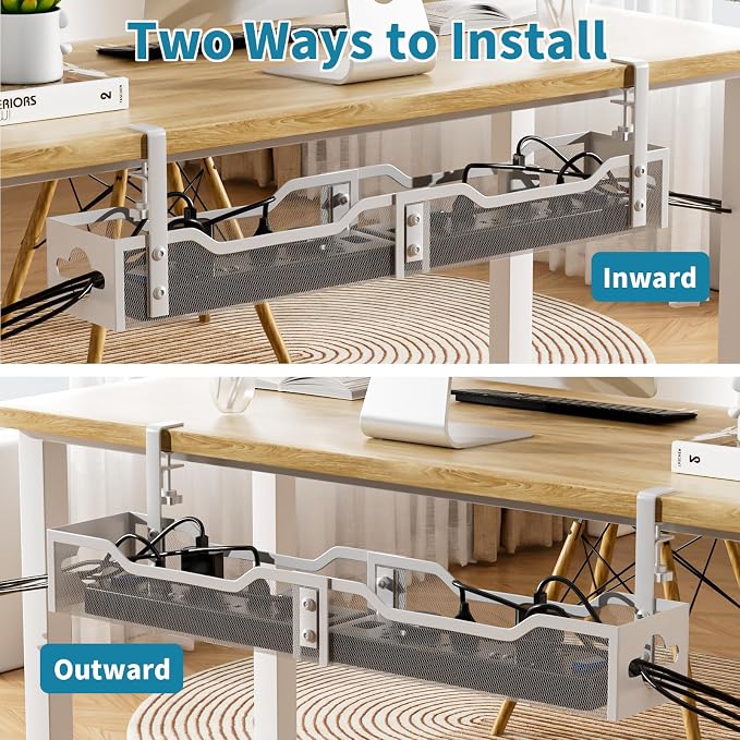 Under Desk Cable Management Tray White, Litwaro Cable Management Under Desk No Drill, 25'' Cable Tray with Clamp for Wire Management, Cord Organizer for Office, Home - No Damage to Table - Image 5