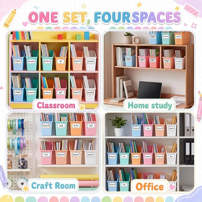 Blosssound 12 Set Book Bins for Classroom with Label Sticker Book Box Baskets Plastic Stackable Organizing Bins Storage & Organization for Classroom Library Home School Supplies (Cloud Pastel) - Image 4