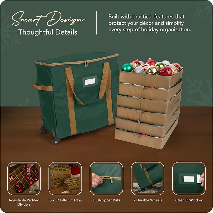 Covermates Keepsakes Rolling Adjustable Ornament Storage Bag – Heavy-Duty Polyester, FlexGrid Trays & Padded Dividers – Protective Holiday Organizer with Wheels, Handles & ID Window, Green - Image 4