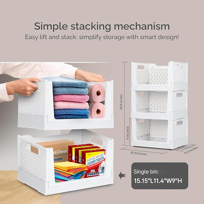 Skywin Foldable Stackable Storage Bins with Wheels, 3 Pack - Ivory | Sturdy Plastic, Easy Stacking, Open Front Access,Shelves Drawer Organizer for Closet Office Bedroom Kitchen Bathroom - Image 2
