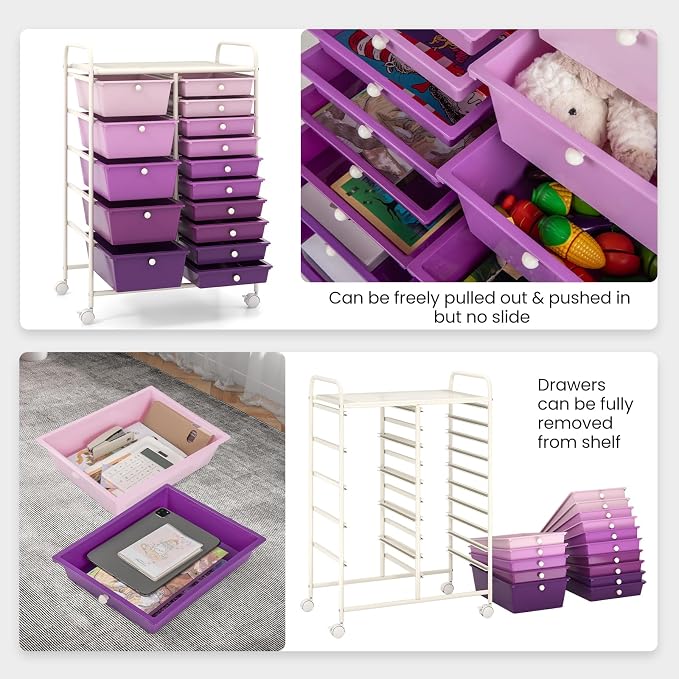 Giantex 15 Drawers Rolling Cart, Classroom Organizers, Storage Cart with Wheels, for Teacher Office Home School Supplies Tool Craft Art Paper, Purple Gradient - Image 5