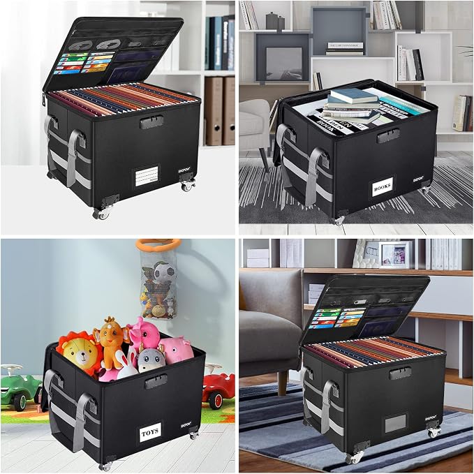 ENGPOW Fireproof Document Box with Wheels, Collapsible File Box with Lock, Rolling File Storage Organizer Filing Cabinet with Pockets, Portable Home Office Safe for Hanging Letter/Legal Folder - Image 3