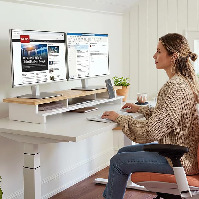 42.5" Dual Monitor Stand Riser with Phone Holder Desk Shelf White | Double Computer Monitor Stand for 55-72" Desk Wood Storage Organizer Cozy Computer Setup Workplace Organizer Keyboard Storage - Image 2