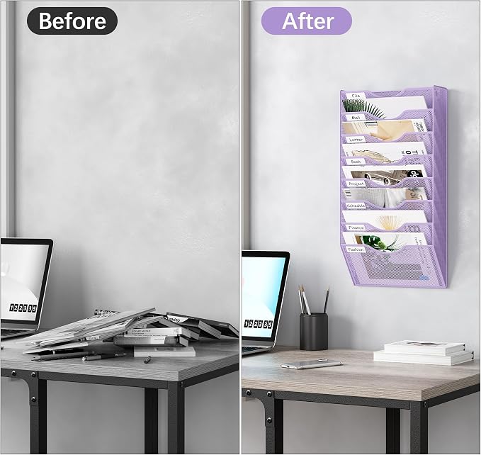 EasyPAG 8 Pocket Mesh Wall File Organizer, Hanging Paper Folder Holder with Classify Label, Vertical Wall Mount Mail Organizer for Office Home Classroom, Purple - Image 5