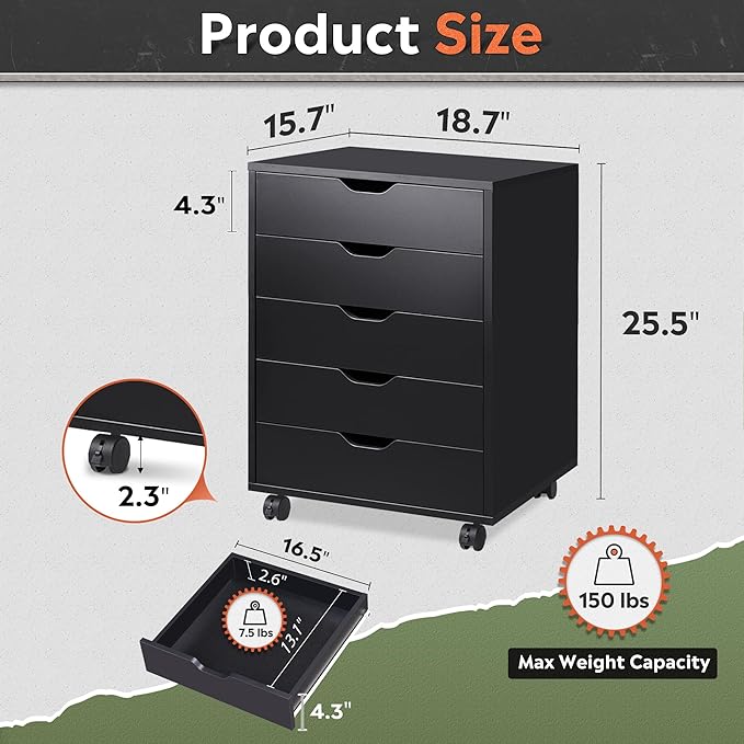 DEVAISE 5-Drawer Filing Cabinet, Under Desk file Cabinet, Black | Wood, Office Storage Cabinet, Printer Stand with Wheels, Drawer Chest, Home Office - Image 3