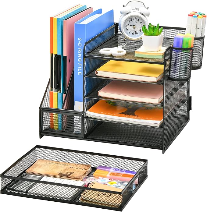 Marbrasse Desk Organizer with File Holder, 5-Tier Paper Letter Tray Organizer with Drawer and 2 Pen Holder, Mesh Desktop Organizer and Storage with Magazine Holder for Office Supplies(Black) - Image 2