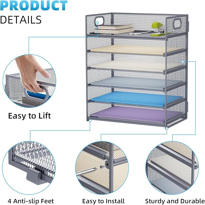 Marbrasse 6 Tier Paper Organizer Letter Tray - Mesh Desk File Organizer with Handle, Paper Sorter for Letter/A4 Office File Folder Holder - Grey - Image 4