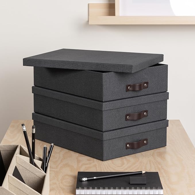 Bigso Oskar Canvas Fiberboard Document Letter Box for Important Paperwork A4 or Letter Size - Durable Keepsake Box with Lid and Leather Handle - 3.3in x 10.2in x 13.8in - Black - 3 Pack - Image 7