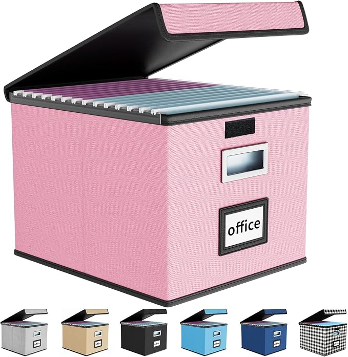 File Organizer Box with Lids, Collapsible File Folder Organizer | File Box with Plastic Slides for Office Document Storage, Filing Bin for Letter Size Hanging File Folders (1 Pack, Pink) by Huolewa