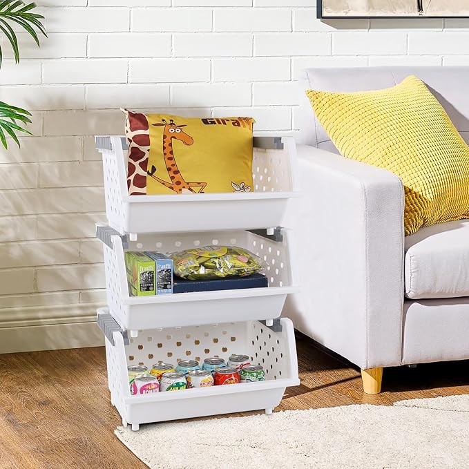 Set of 4 Plastic Stackable Storage Baskets | Stackable Organizer Bins for Kitchen, Pantry and Bathroom, White - Image 5