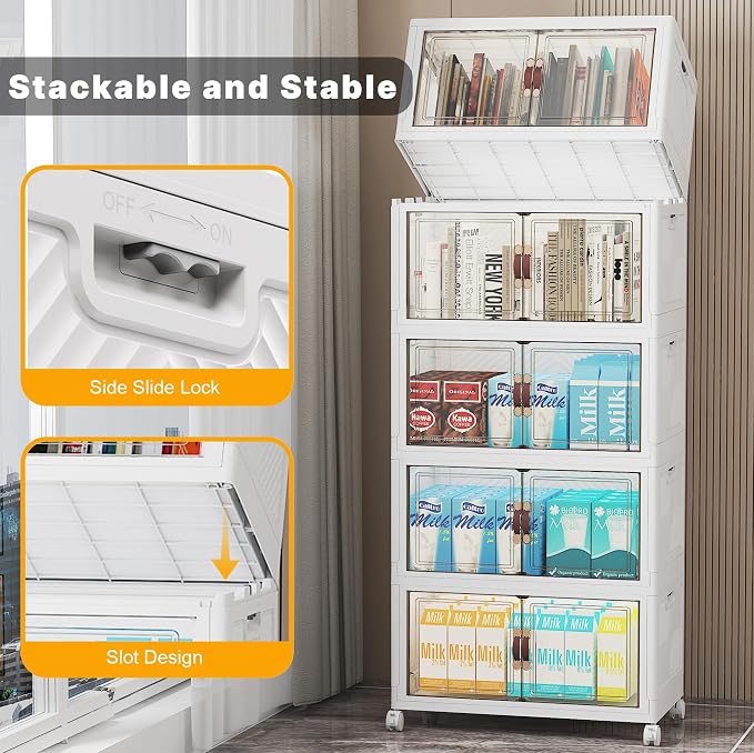 Stackable Storage Bins with Lid, 260QT Plastic Cabinet with Wheels | Large Capacity, Magnetic Door, Stack Lock, Rolling Wheels, Foldable Design, Organizers and Storage for Bedroom Dorm Garage - Image 4