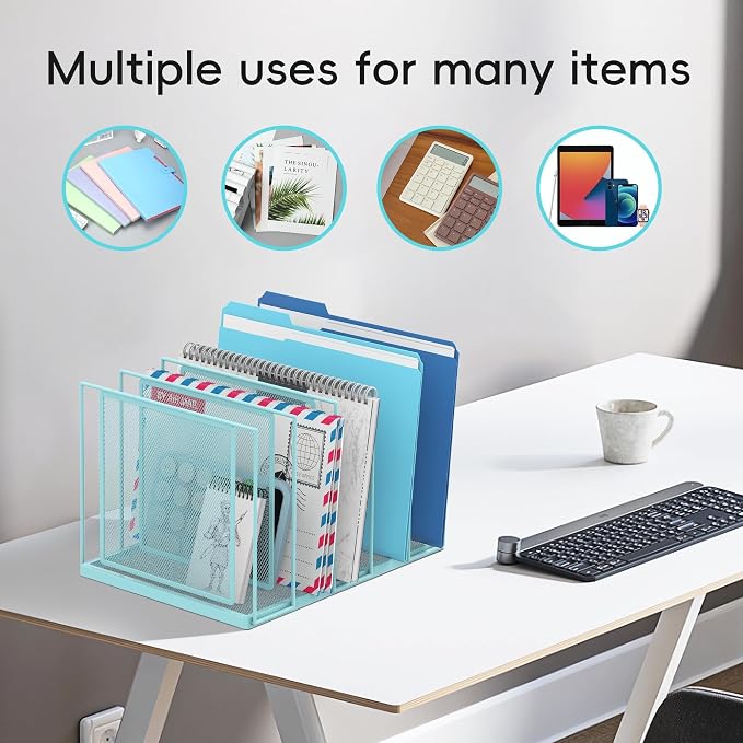 File Organizer for Desk, 5-Section Vertical File Sorter, Paper Holder Organizer Standing Metal File Folder for Office Home Classroom, Blue - Image 3