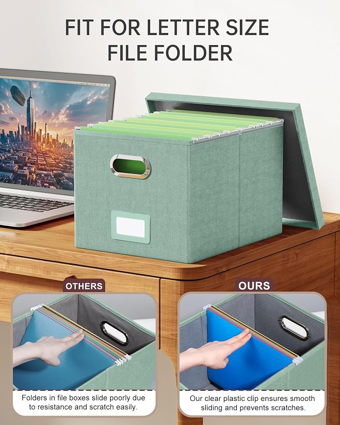 2 Pack File Storage Organizer, Filing Box, Portable File Box with Lid, Fit for Letter/Legal File Folder Storage, Document Organizer, Green - Image 4
