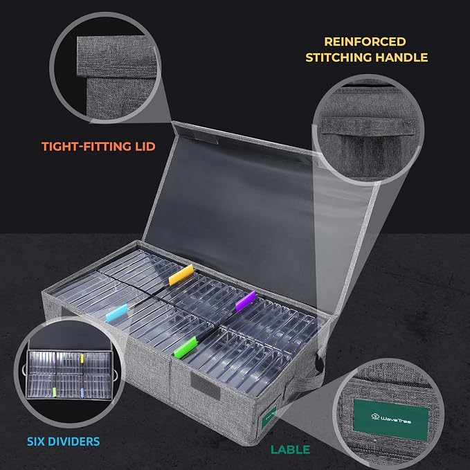 Cassette Tape Storage Box, Practical Cassette Tape Holder 16.34 x 9.25 x 3.54 Inch, Cassette Rack with Lids and Index Labels to store to 48 Cassette Tape Cases - Gray - Image 3