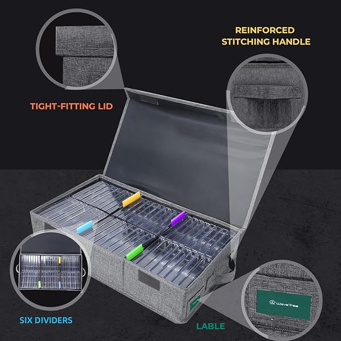 Cassette Tape Storage Box Pack of 2, Practical Cassette Tape Holder 16.34 x 9.25 x 3.54 Inch, Cassette Rack with Lids and Index Labels to store to 96 Cassette Cases - Gray - Image 3