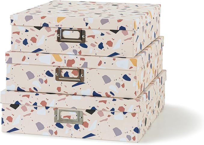 Soul & Lane - Cardboard Storage Boxes with Lids, Set of 3, Terrazzo | Cute Decorative Photo Box Set for Home Office, Nesting Keepsake and Memory Organizers for Scrapbooks and Documents by SoulLane