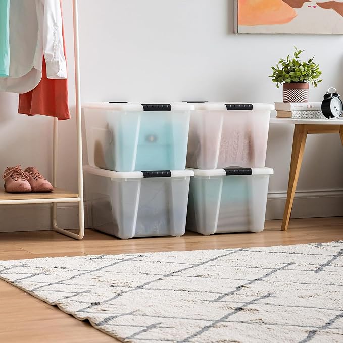 IRIS USA 4-Pack 40 Quart Storage Bins with Lids, Pearl | Conceals contents for a clean look. Perfect for moving, blankets, clothing, and garage storage. Nestable design saves space - Image 4