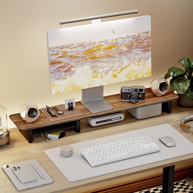46" Dual Monitor Riser, Metal Shelf Wooden Desk Organizer | Walnut Wooden Desk Shelf for 2 Monitors/TV,Monitor Stand Riser for Desk, Wood Monitor Stand Organizer for Home Office by Pegzone
