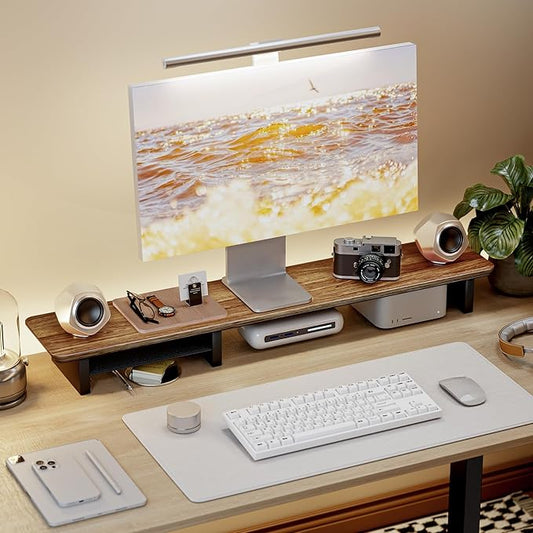46" Dual Monitor Riser, Metal Shelf Wooden Desk Organizer | Walnut Wooden Desk Shelf for 2 Monitors/TV,Monitor Stand Riser for Desk, Wood Monitor Stand Organizer for Home Office by Pegzone