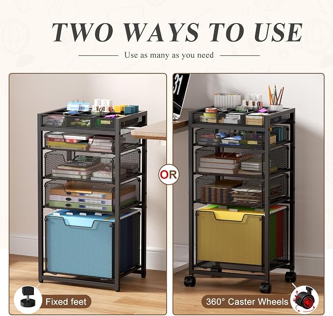 Rolling File Cart with 4 Storage Drawers, Under Desk Organizer with DIY Divider, Moblie Filing Cabinet on Wheels, Fits A4/Letter Size, Metal Utility Cart for Home Office, Black - Image 3