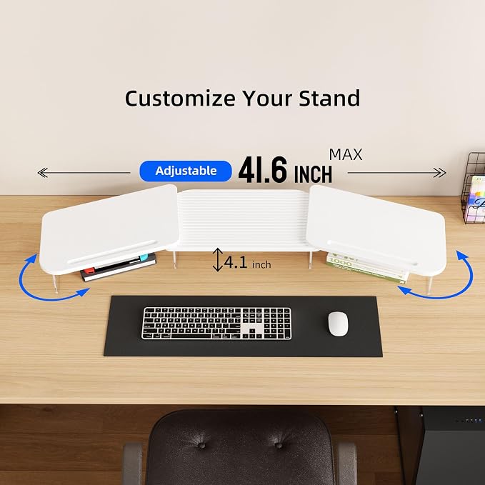 AFOOYO LED Dual Monitor Stand Riser for 2 Monitors,Office Desktop Wooden Stand Adjustable Length and Angle 3 Shelf,Extra Long Multifunctional Stand up to 39.3" for Computer,Laptop,TV,White - Image 7