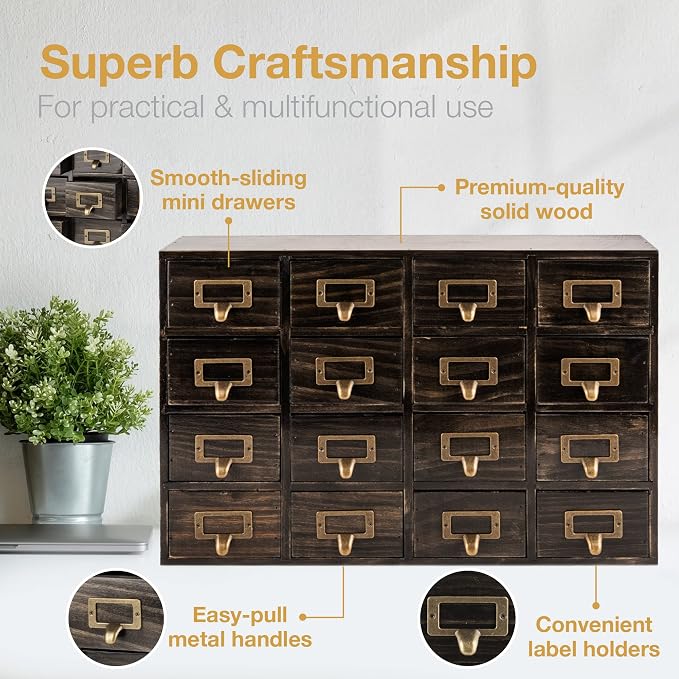 Dark Ash 16-Drawer Card Catalog Artisan Drawer Chest - 20"x3.6"x14" - Desktop Apothecary Crafted in Solid Wood, Curating Timeless Order - A 4-Tiered Storage with Label Holders & Handles for Your Table - Image 4