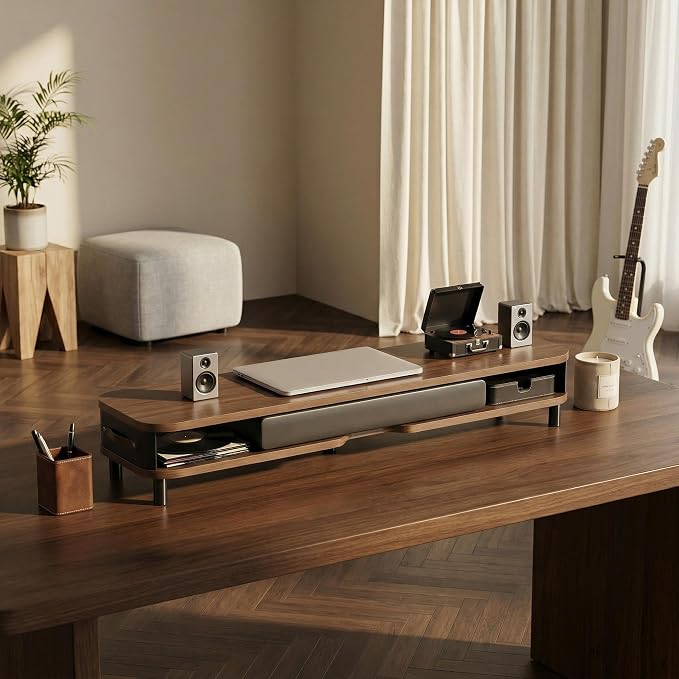 Fenge Dual Monitor Stand with Large Storage Drawer, 42.5" Dsek Shelf, Brown | Slide-Out Drawer with Soft Touch Leather, Ergonomic Monitor Riser, Aluminum leg, 2-Tier Desk Organizer for Laptop, TV, PC - Image 7