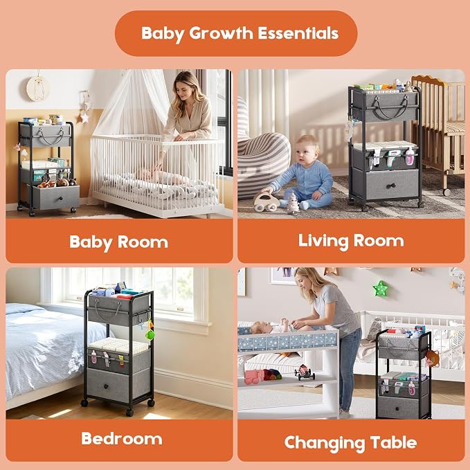 Cidaziya 3In1 Baby Diaper Caddy Organizer, 3 Tier Rolling Cart with Drawer, Detachable Dividers, Mobile Utility Cart Baby Dresser Clothes Organizer for Crib, Bedroom, Art & Craft Storage, Grey - Image 6