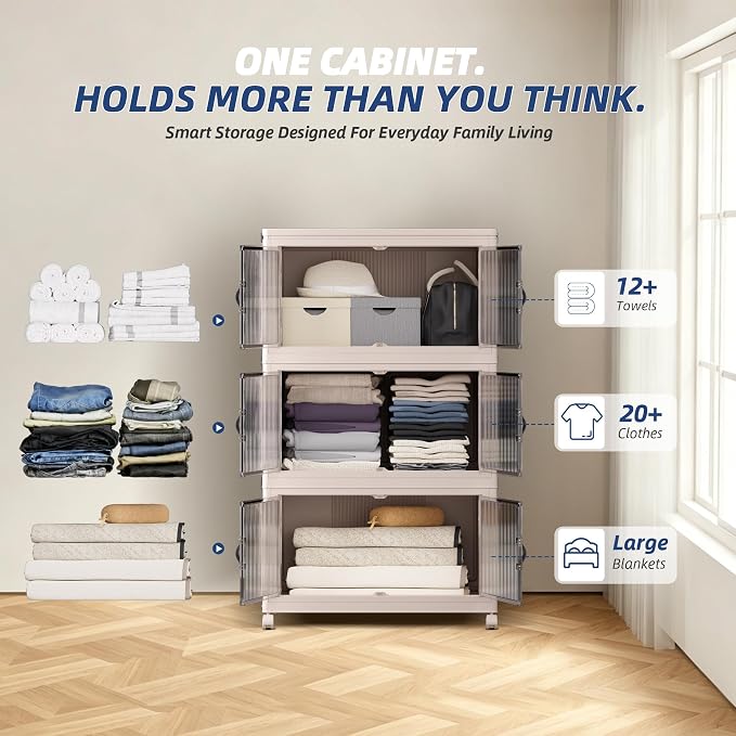 SAILUN 381Qt Extra Large Stackable Storage Bins Folding Collapsible Storage Bins with a Lid, Closet Organizers and Storage Blush White 28" W x 17" D x 46" H | Stackable Storage Drawers with Lids,28" W x 17" D x 46" H,Featuring open-front Access for Clo... - Image 5