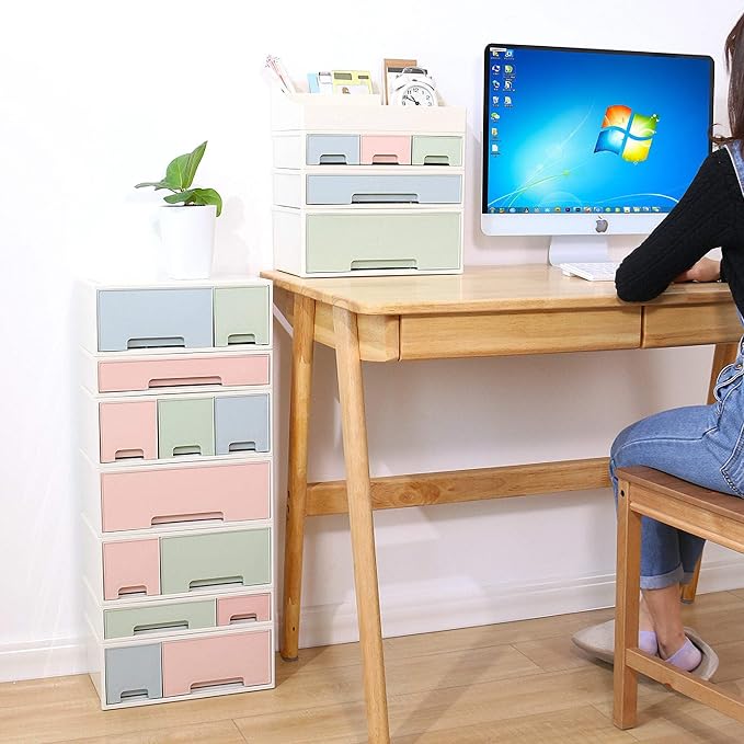 Makeup Organizer, Cosmetic Storage Box, ROSELIFE [TAEF-04] Desktop Stationery, Remote Control Storage Box, Kitchen Spices Organizer Box, 4 Pieces 6 Drawers, 5 Slots, Blue, Pink and Green Assortment - Image 5