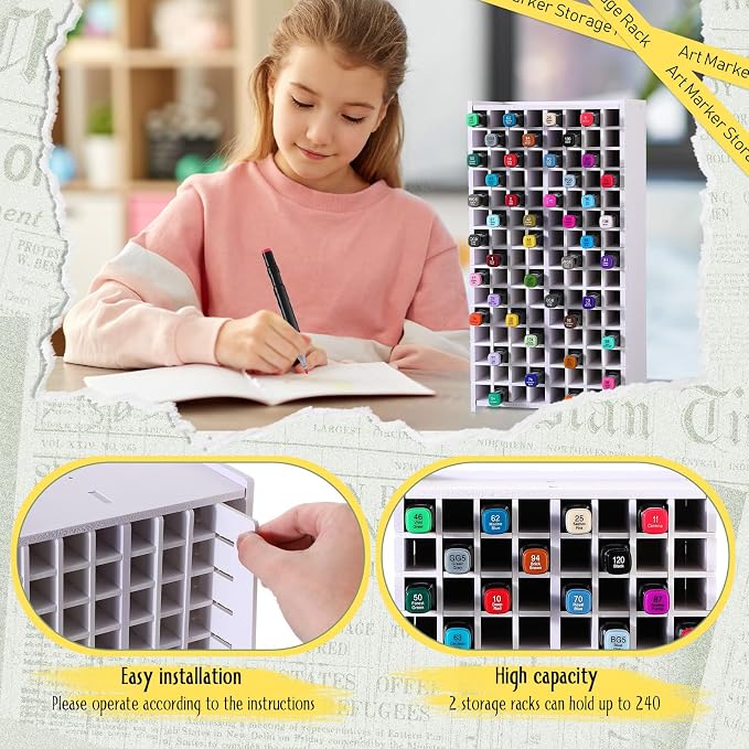 Sunnychicc 2 Pack Marker Storage Organizer, 240 Slots Total Art Supply Holder for Desk, Marker Rack with Removable Dividers for Colored Pencils & Paint Brushes (13 x 6.6 x 5.3 Inch) - Image 3