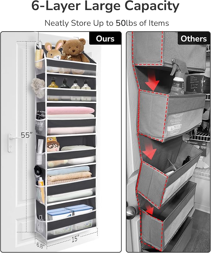 ULG Over The Door Organizer with 6 Large Pockets 12 Side Pockets, 50lbs Weight Capacity Door Hanging Organizer for Bedroom, Bathroom, Pantry, Nursery Storage, Dark Gray - Image 2