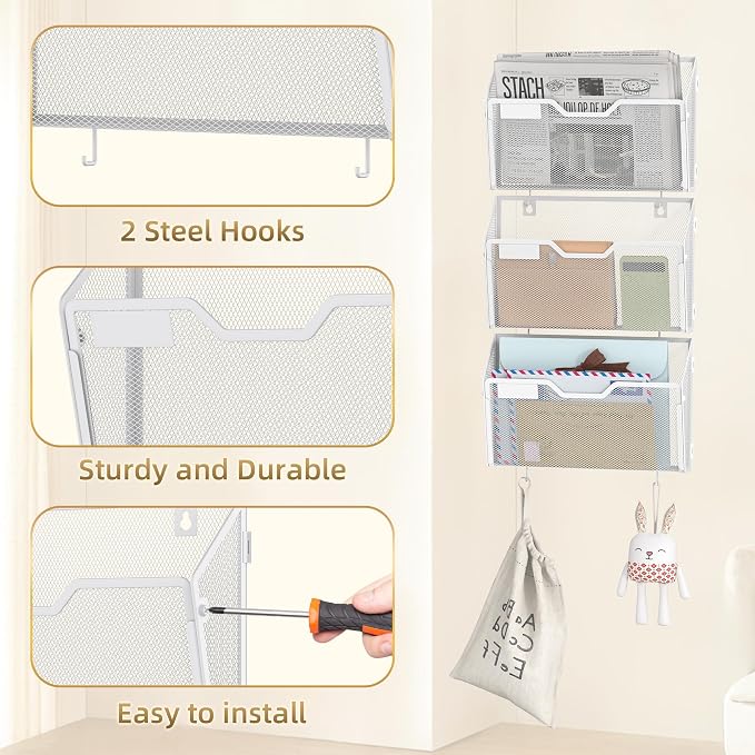 Docnest 3 Pack Mesh Wall File Holders with Hooks for Mail, White | Space-saving vertical design with utility hooks. Ideal paper document organizer for office, home, and school - Image 4