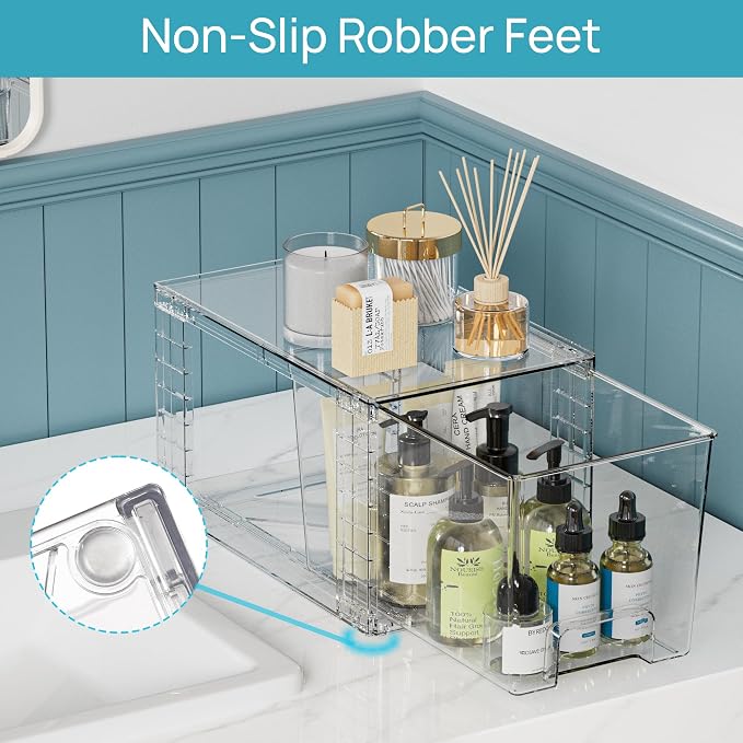 Vtopmart 3 Pack Clear Stackable Storage Drawers,Easy to Assemble Bathroom Organizers and Storage with handles,Plastic Drawers for Kitchen Pantry,Cabinet,Under Sink Organization | Tall, Medium and Small Pull-Out PET Drawers with Stackable Design for Bat... - Image 7