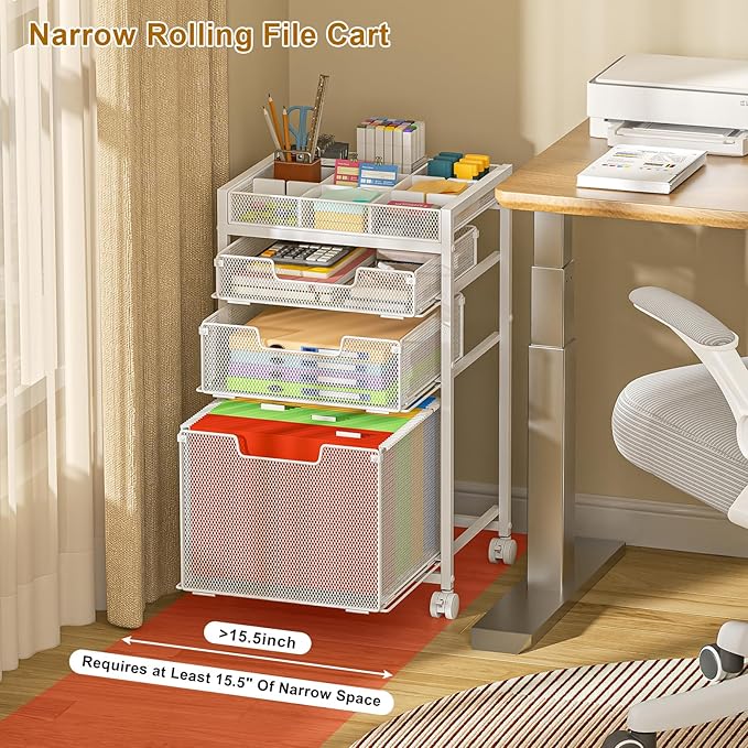Rolling File Cart with 3 Storage Drawers, Under Desk Organizer with DIY Divider, Moblie Filing Cabinet on Wheels, Fits A4/Letter Size, Metal Utility Cart for Home Office, White - Image 3