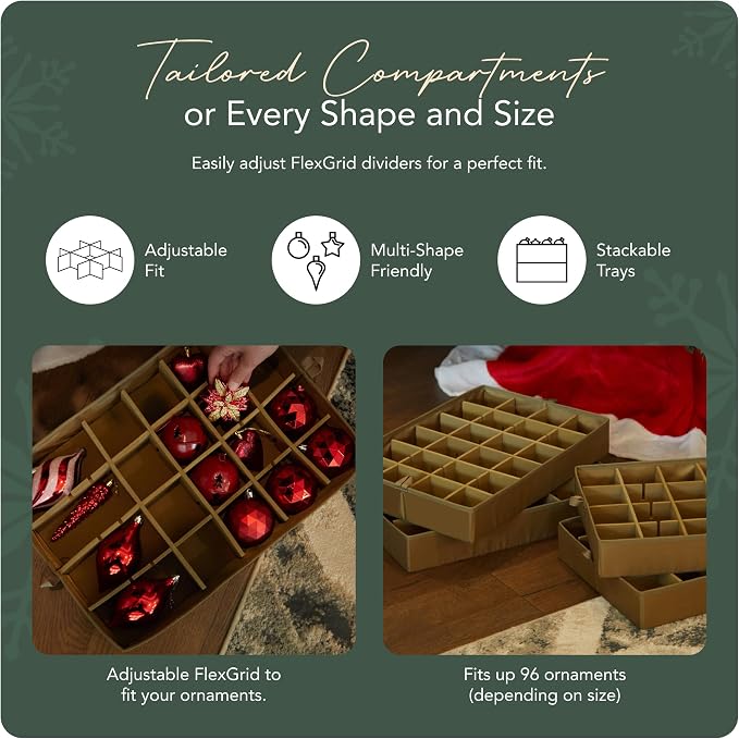 Covermates Keepsakes Adjustable Ornament Storage Bag – Heavy-Duty Polyester, Padded Dividers & FlexGrid Trays – Protective Holiday Ornament Organizer with Handles & Label Window, Green Snowflake - Image 5