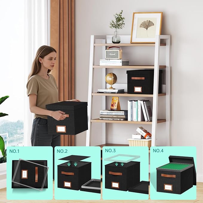 File Organizer Box with Lid File Box for Hanging Decorative File Organizer with One-Piece Integrated Plastic Slide Rail (Black, 13.2x10.1x10.1inch(3pack)) - Image 3