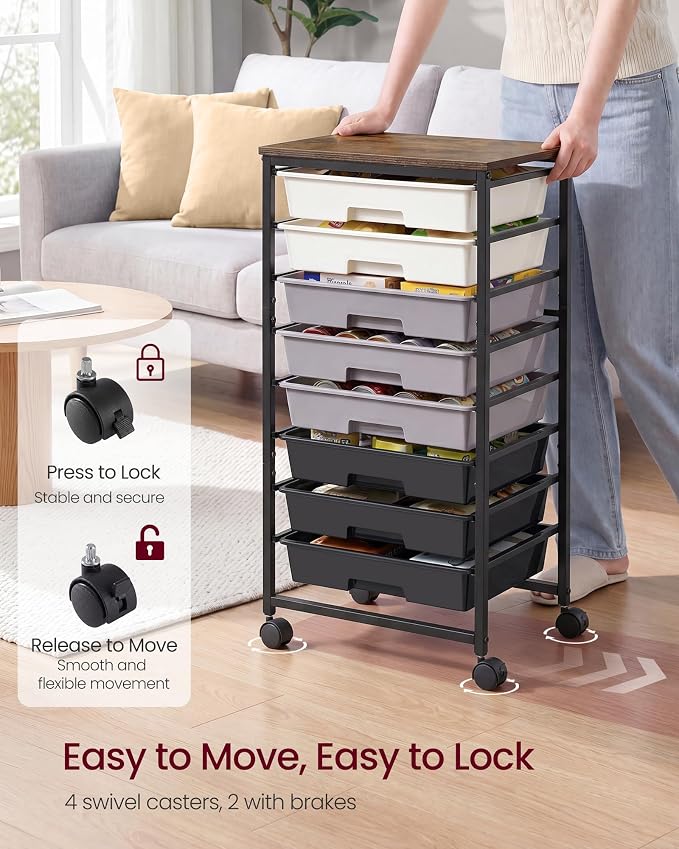 VASAGLE 8-Drawer Rolling Storage Cart, Utility Cart with Wheels and Wood Top, Craft Organizer for Office and Home, 15.6 x 11.2 x 30.1 inch, Black, BENCO Collection ULRC006B101 - Image 5