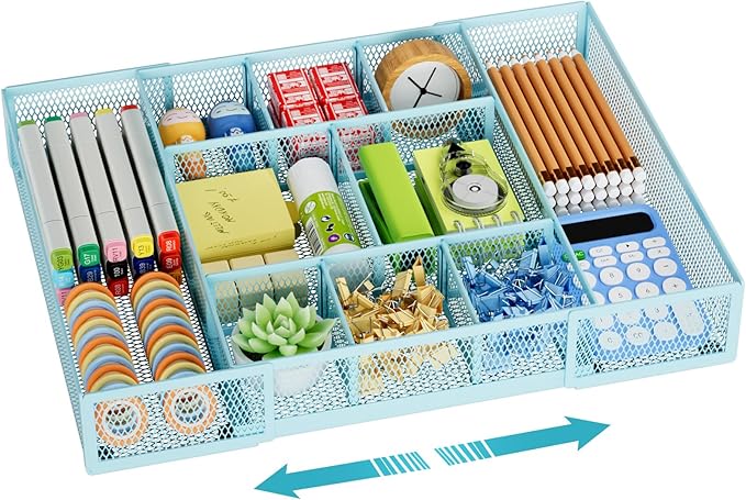 Marbrasse Expandable Desk Drawer Organizer, Mesh Drawer Organizer Tray with 10 Adjustable Compartments, Desk Organizers and Accessories for Office Supplies, Makeup & Vanity (Expandable-Blue) by Marbrasse