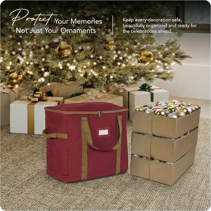 Covermates Keepsakes Adjustable Ornament Storage Bag – Heavy-Duty Polyester, Padded Dividers & FlexGrid Trays – Protective Holiday Ornament Organizer with Handles & Label Window, Red - Image 2