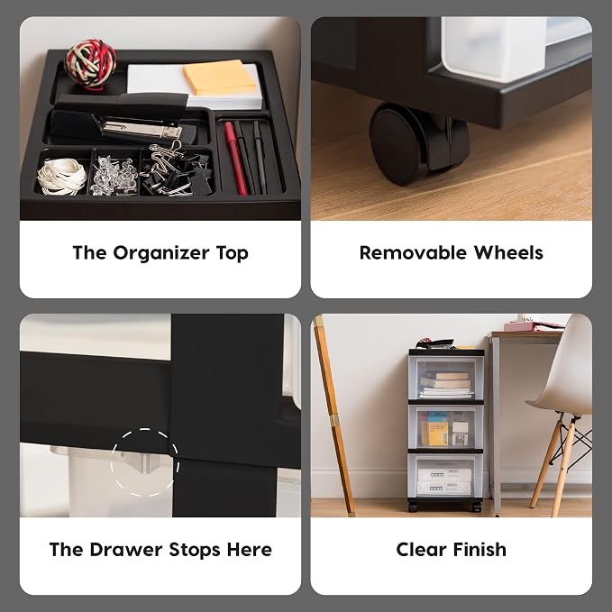 IRIS USA 3-Drawer Rolling Storage Cart, Black/Clear | Keep craft supplies, office essentials, classroom items, and accessories organized with easy-access drawers for daily use - Image 5